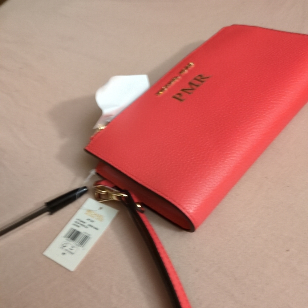 MICHAELKORS INDIE PINK COLOR LEATHER GOLD TWO POCKET WALLET + WRIST STRAP